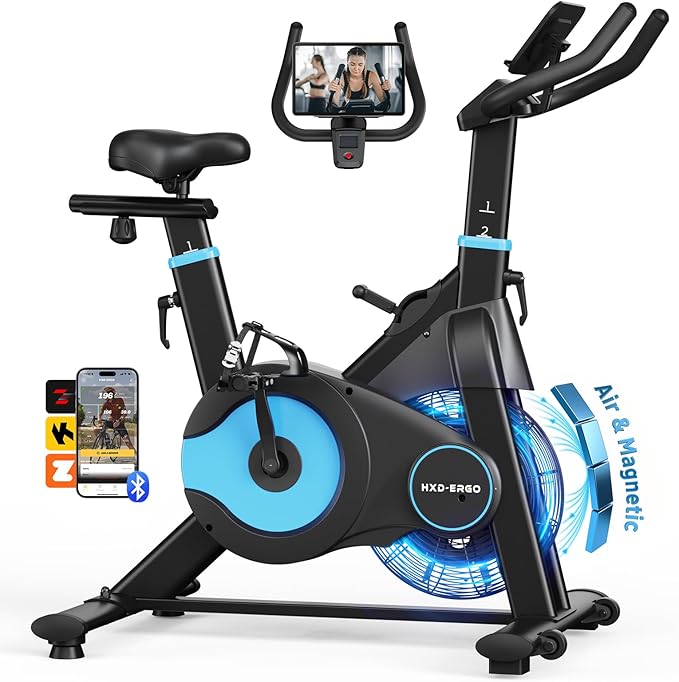 HXD-ERGO Exercise Bike, Magnetic & Air Resistance Indoor Bike, Stationary Bike for Home with Silent Belt Drive, Adjustable Resistance, App Compatible Cycling Bike with LCD Monitor, 350lbs Capacity Workout Bike
