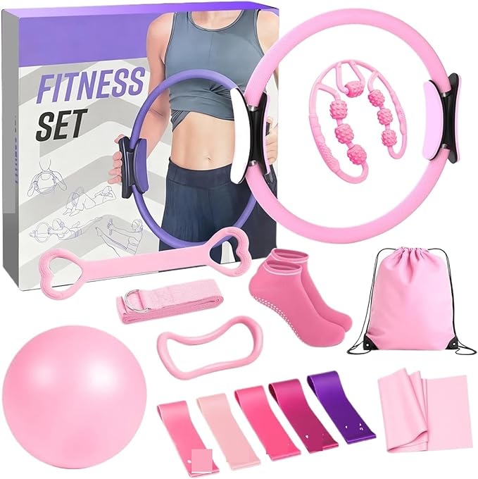 13 Piece Pilates Yoga Set for Women, Home Gym Workout Kit with Resistance Bands, Ankle Weights, Pilates Ring & Loop Bands, Toning Fitness Essentials Starter Accessories(Purple)