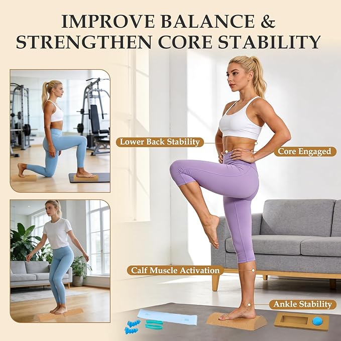 CuttySark Cork Balance Board 6-in-1 Foot & Ankle Strengthener Kit, Premium Natural Cork Balance Trainer + Massage Roller & Ball+Toe brace + yoga resistance band&Carry Bag - Professionally designed to enhance balance, stability, and foot strength, Impro...