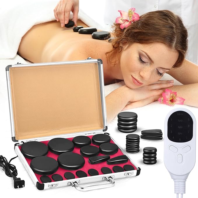 Hot Stones Massage Set 18 Pieces Basalt Hot Rocks Massage Rocks Kit Black Smooth Stones for Professional Home Spa Warming Relaxing Pain Relief, Constant 50°c (122°f)(Adjustable Temperature)