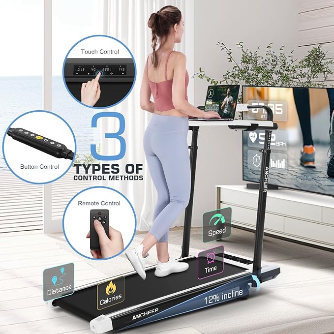 ANCHEER Treadmill with 12%/15% Incline, Folding Walking Pad with Handle Bar, 320-450lb Capacity Under Desk Foldable 3.5HP Treadmills for Home/Office/Gym,Installation-Free