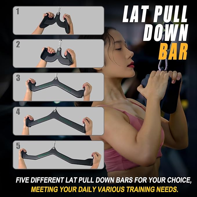 Home Gym Fitness Rowing T-bar V-bar Pulley Cable Machine Attachment, Bicep Curl Tricep LAT pulldown Bar Back Strength Training Handle Grips LAT Pull Down Bar for Seat Row Workout
