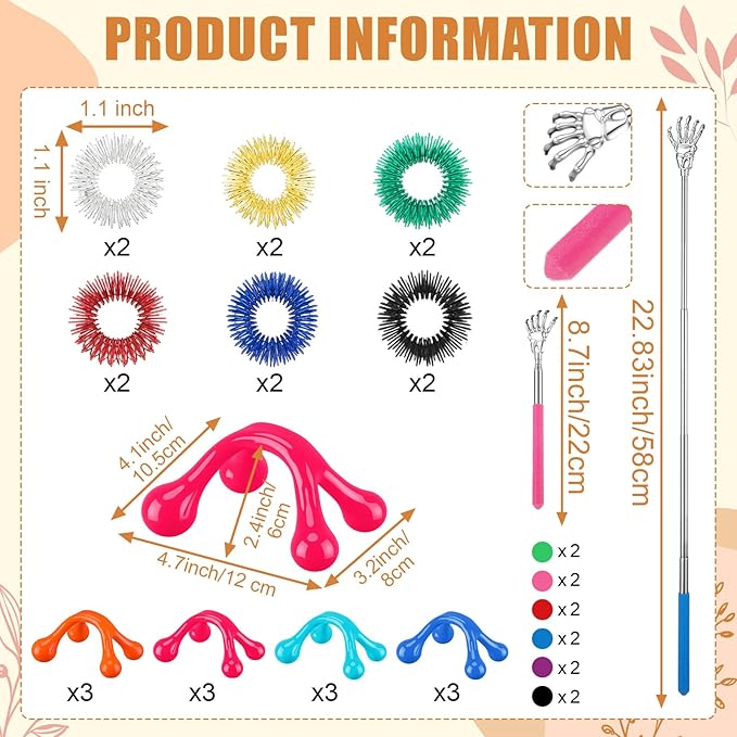 Geiserailie 48 Pack Massage Gifts, Head Scratcher Scalp Massagers, Extendable Back Scratchers, Four Point Massage Tools, Finger Massager Rings for Grandparents Teacher Father Mother Men Women Gifts