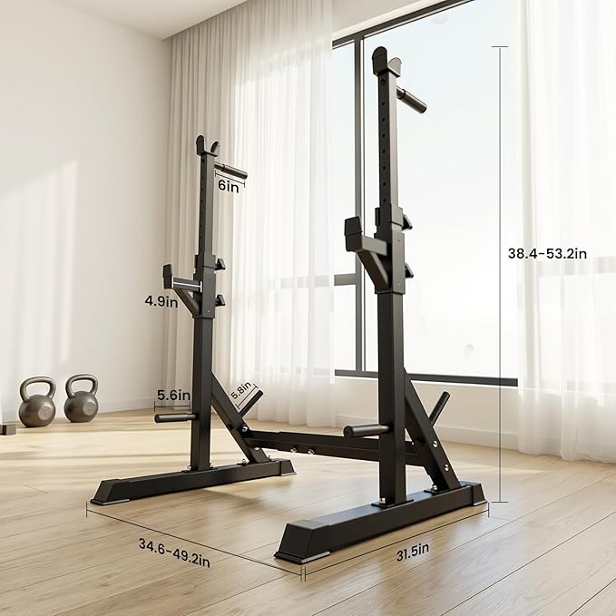 Adjustable Bench Press Rack Stand, 700lbs Heavy Duty Barbell Rack with Dip Station and Push Up Handles, Width Adjustable for 6ft 7ft 8ft Bars - Home Gym Strength Training Infrastructure