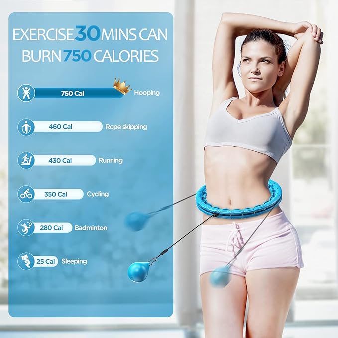 Weighted Exercise Hoop Plus Size, 32 Detachable Knots for Adults & Beginners, 2 in 1 Abdomen Fitness Massage Non Fall Smart Hooola Hoop with Auto Spinning Ball