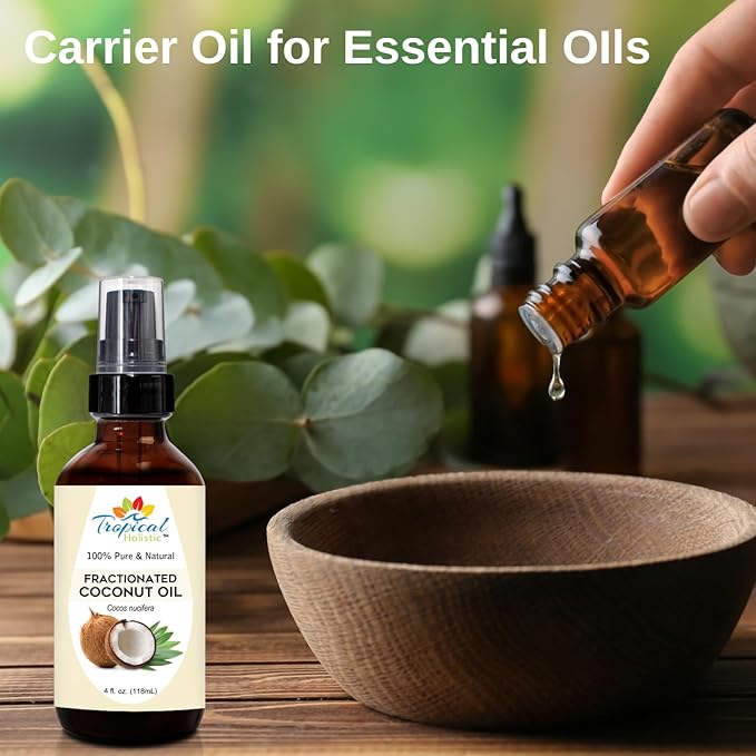 Tropical Holistic Fractionated Coconut Oil 4 oz - 100% Pure Organic Cold Pressed Unscented Liquid Coconut Oil for Skin, Hair, Nails, Massage, Carrier Oil for Aromatherapy, Aceite de Coco