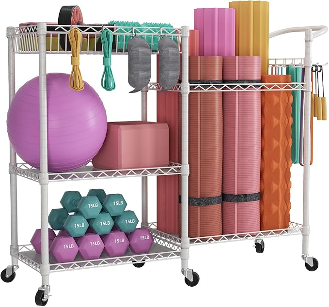 SINGAYE Dumbbell Rack Stand With Yoga Mat Storage, Gym Equipment Organizer, Cart for Workout Room, Home Gym With Hooks and Wheels