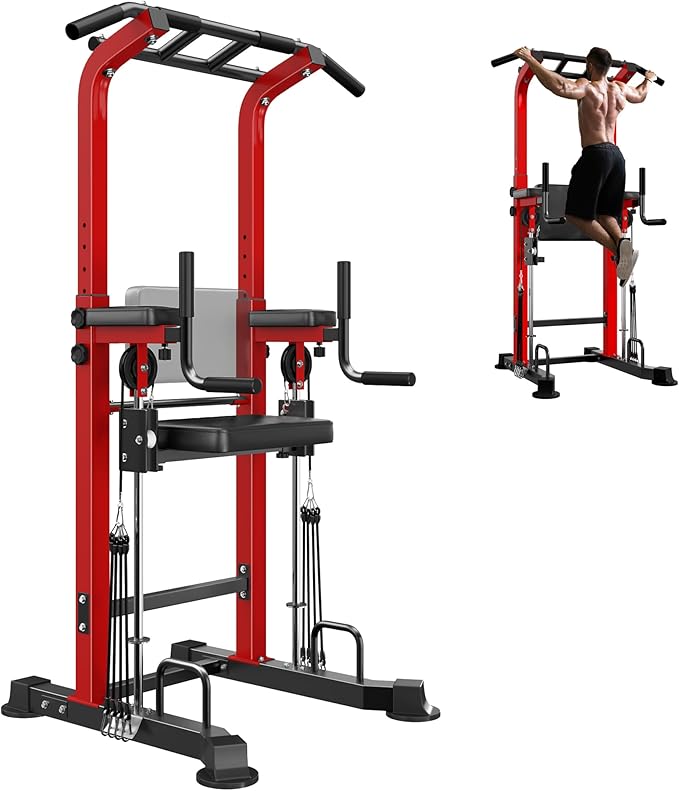 soges Power Tower Dip Station with Assisted Pad, Height Adjustable Pull Up Bar Station for Home Gym, Multi-Function Strength Training Full Body Workout Equipment, 330 Lbs, Red