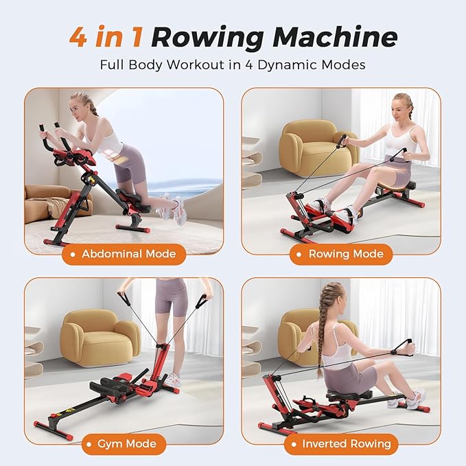 Ab Machine and Rowing Machine, 4 in 1 Rowing Machines for Home with 3 Levels of Workout Resistance, Quiet & Foldable Rower Machine with 3 Adjustable Handle Heights & LCD Monitor, Row Machine for Home