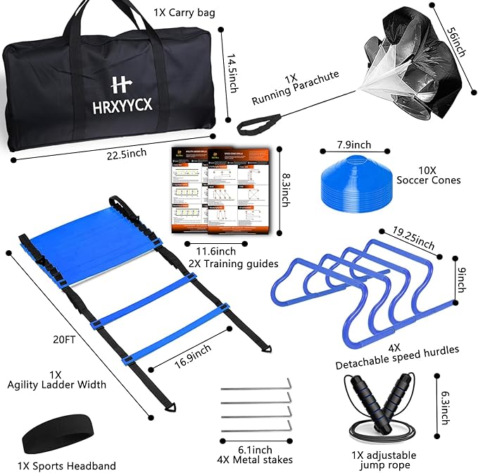 Agility Ladder Speed Training Equipment Set-20ft Agility Ladder 4 Adjustable Hurdles Running Parachute Jump Rope Speed Training Equipment for Soccer Football Basketball