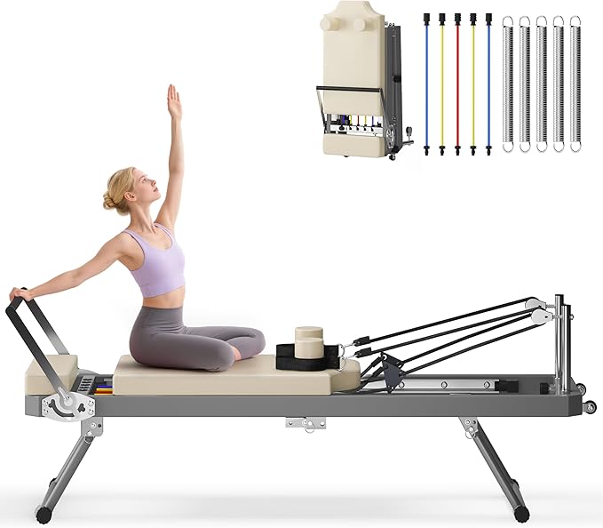 SogesHome Foldable Pilates Reformer Machine for Home Gym, Compact Fitness Reformer with Resistance Springs, Full Body Workout Equipment for Core Strength, Flexibility, Weight Loss, Stability