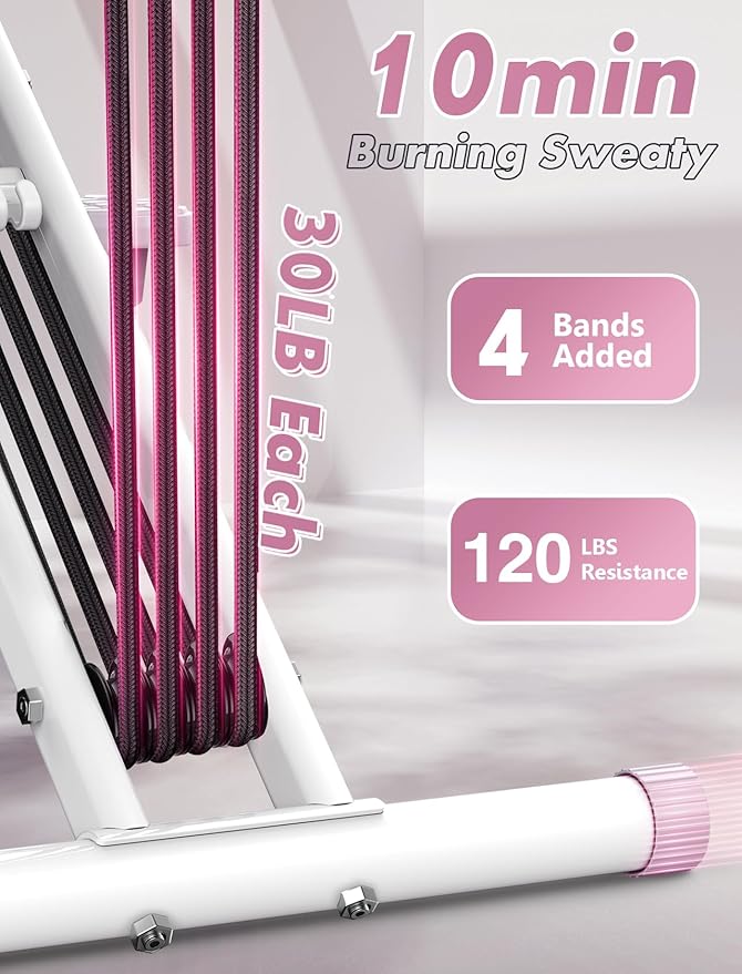 Sportsroyals Pink Squat Machine Rowing Machine for Home 2 in 1 Rower & Squat Assist Workout Foldable Rower for Home Full Body Worikout Adjustable 4 Resistance Bands 330lbs
