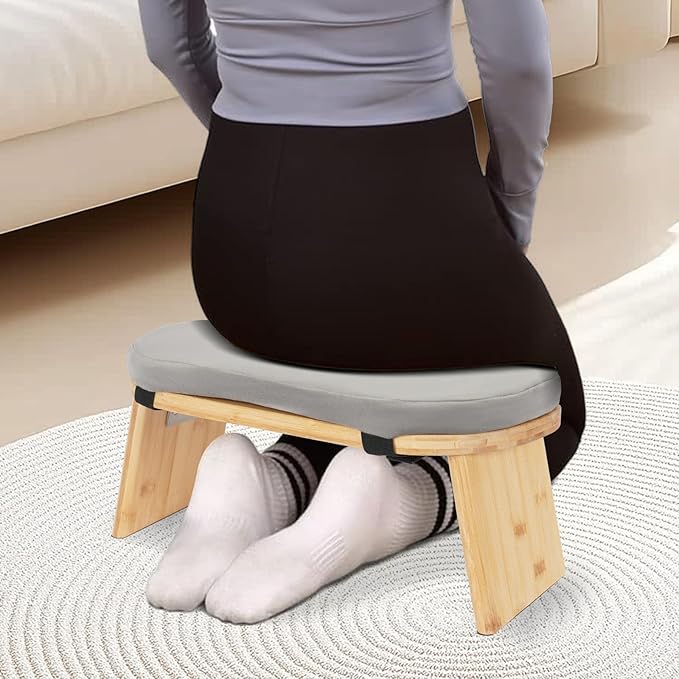 Meditation Bench, Portable Bamboo Meditation Bench Ergonomic Meditation Stool Comfortable Folding Kneeling Meditation Bench with Meditation Cushion for Longer Meditation (Gray)