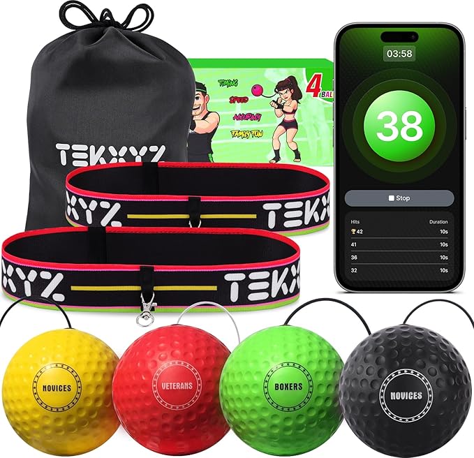 TEKXYZ® Reflex Ball Family Pack with Counter App | Online Community for Boxing Ball, Ideal for Coordination, Punching, Stress Relief, Home Workouts & Fitness | Stocking Stuffer Gift for All Ages