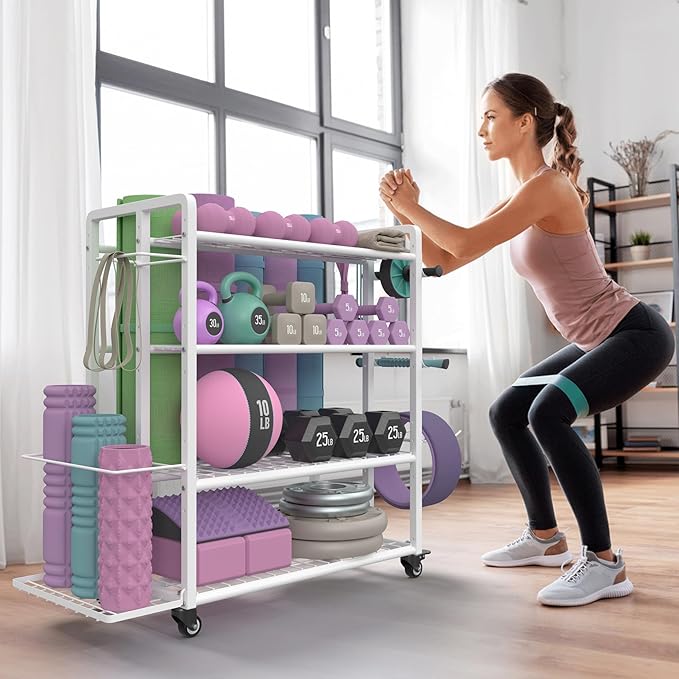 4-Tier Dumbbell Rack Stand Only, Adjustable Weight Rack for Dumbbells Kettlebells Yoga Mat, Home Gym Storage Rack with Wheels and Hooks, Powder Coated Finish