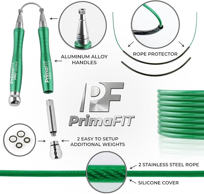 PrimaFIT Jump Rope Pro Speed Skipping Rope Adjustable Adult Jumping Rope Weighted Aluminium Handles for Double Dutch Boxing Workout Crossfit Exercise Fitness Spare Cable Weights Protectors Carry Bag