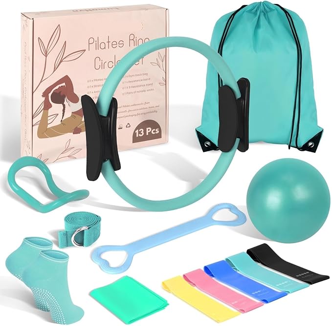 JITUIHOM Home Pilates Essentials Kit for Women - Complete Pink Equipment Set with 9 Inch Yoga Ball, Figure 8 Resistance Band, Bands & Accessories, Ring for Beginners Workouts