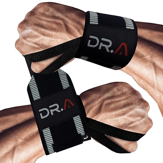Dr. Arthritis Weight Lifting Wrist Wraps with Thumb Loop, Heavy-Duty Wrist Straps for Weightlifting, Hybrid Training, Olympic Lifts & Calisthenics, Non-Slip Gym Wraps for Men & Women (Black-Grey Stripes)