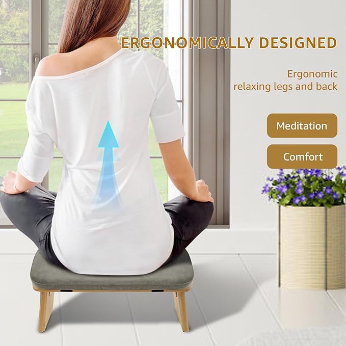 Meditation Ergonomic Bench, Yoga Prayer Meditation Bench with Soft Cushion, Yoga Bench Kneeling Stool Prayer Bench, Foldable Prayer Chair for Kneeling Sitting Prayer Extended Practice (Grey)