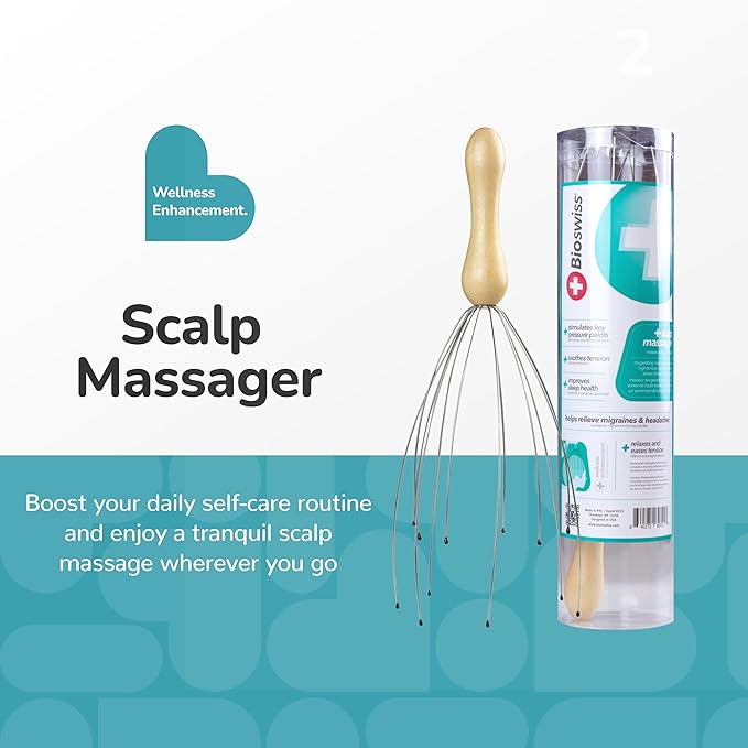 BioSwiss Scalp Massager, Handheld Head and Temple Massage Tool for Relaxation and Hair Stimulation