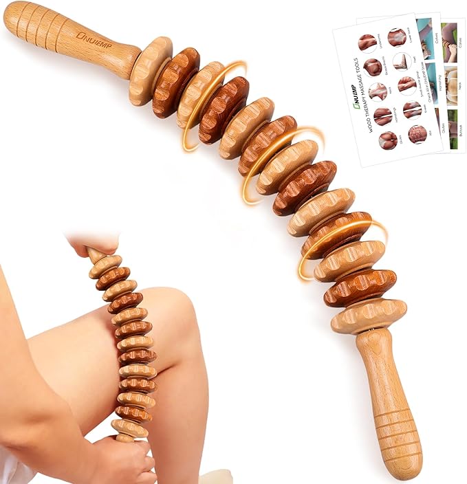 ONUEMP Wood Therapy Massage Tools, Wooden Bend Waist Thigh Massager & Muscle Roller Stick, Maderoterapia Colombiana Kit for Lymphatic Drainage, Anti Cellulite, Body Contouring/Shaping, Deep Tissue