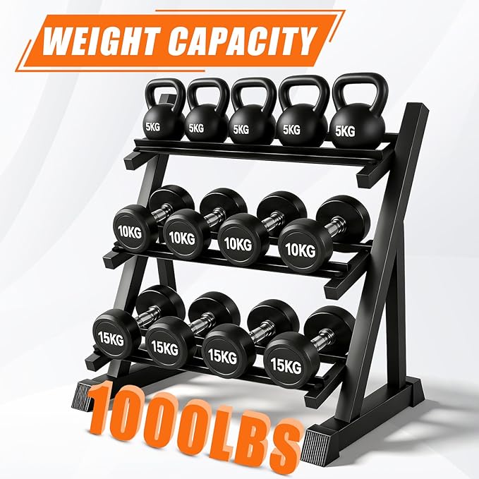 Dumbbell Rack 3-Tier Adjustable Dumbbell Rack Suitable for Dumbbells, Kettlebells, and Other Compact Weights Space-Saving Dumbbell Storage Rack - 1000LBS Capacity