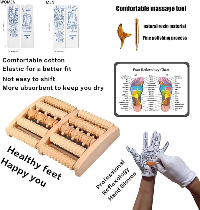 Wooden Foot Massager Roller with Reflexology Socks and Gloves Tools Set for Circulation, Pain Relief in Wide Feet, Health Promotion, Gift for Mom, Dad, or Elderly