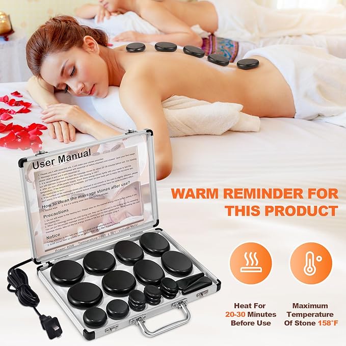 Hot Stones Massage Warmer Kit, 21 Pcs Hot Stones Massage Set, Hot Rocks Basalt Massage Stones for Home Spa Warming Therapy Relaxing