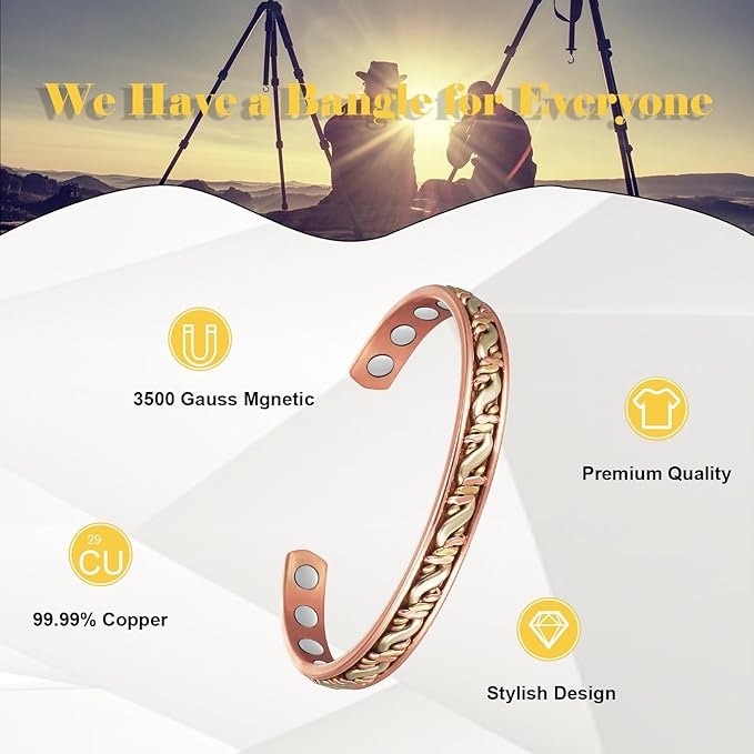 Copper Magnetic Bracelet for Women for Arthritis, Pure Copper Three-Color Gold Braid Adjustable Bracelet, Magnetic Jewelry Present(1072SGR)