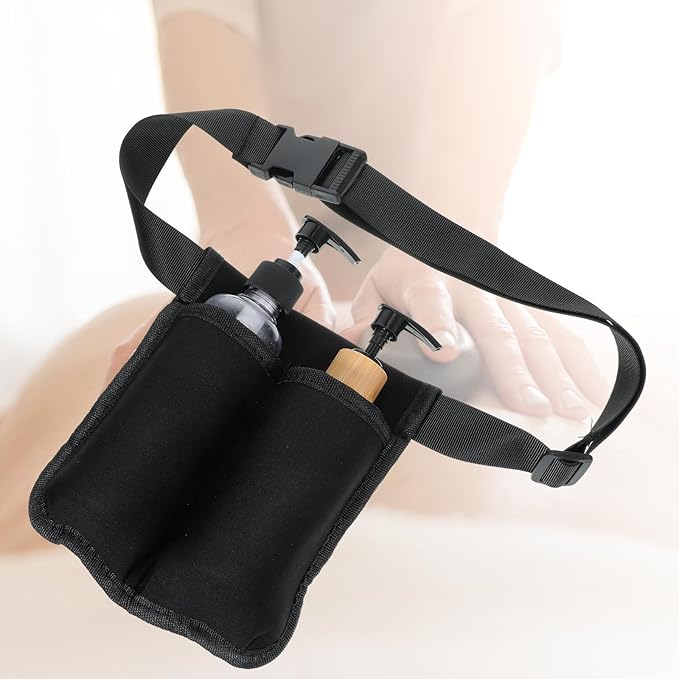 Massage Bottle Bag, Lotion Oil Waist Holder Organizer Adjustable Durable Black Portable Storage Pouch Belt Hanging Easy Access Accessories Gifts (Double-Sided)