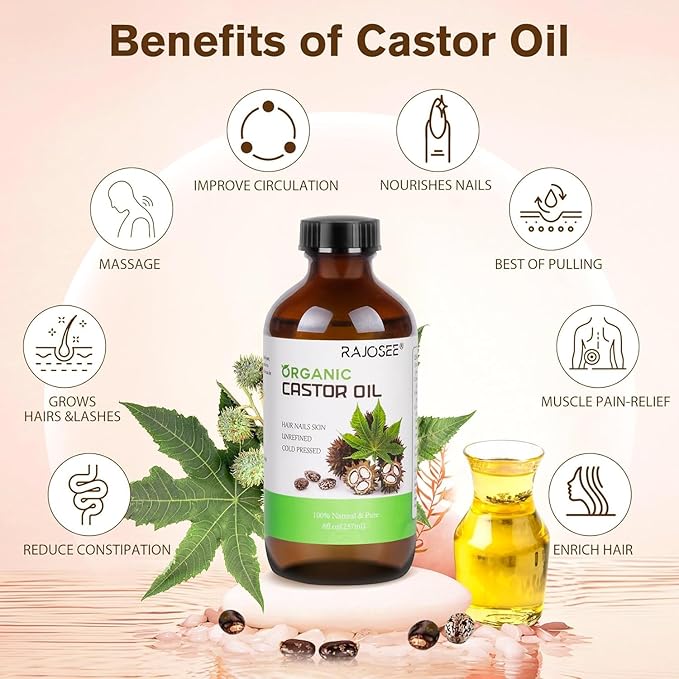 Castor Oil Pack with 8oz Castor Oil Organic Cold Pressed, Cotton Castor Oil Wrap for Waist Back Neck Arm, Self-Adhesive for Convenient Use (50pcs Patch with Oil)