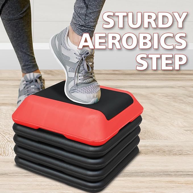 GOWE Height-Adjustable Step Aerobics Platform Fitness Equipment Stepper Trainer Exercise Step Platform with 4 Riser Red