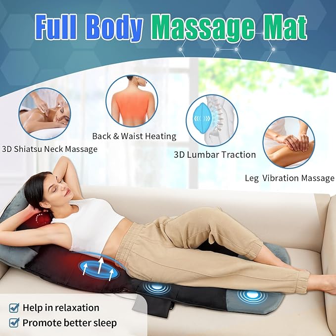 Full Body Massage Mat, Back Massager for Pain Relief Deep Tissue, 3D Shiatsu Neck and Back Massager with Heat, 3D Lumbar Traction & Relaxation, 4 Vibrating Motors, Massage Pad for Bed, Fit 5'1-6'2