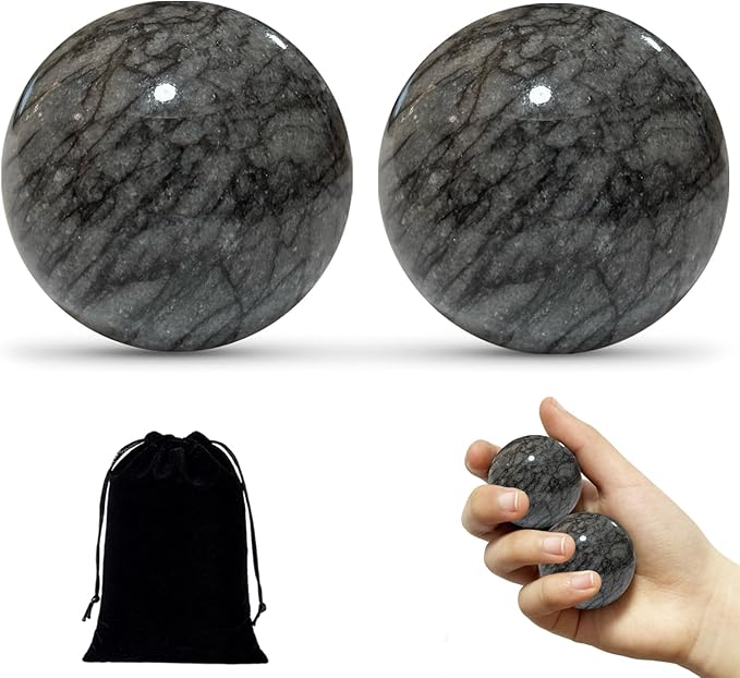 Hand Therapy Balls for Stress Relief,Baoding Balls for Women & Men,Marble Chinese Massage Ball Set for Hand Exercise,Arthritis,Brain Stress Relief,2 Pack with Storage Bag (1.57inch Dark Grey)