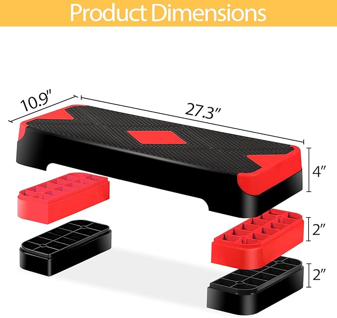 27" Adjustable Exercise Aerobic Step Platform with Stackable Risers – 3 Levels (4", 6", 8") – Workout Stepper for Home Gym, Fitness & Physical Therapy Training