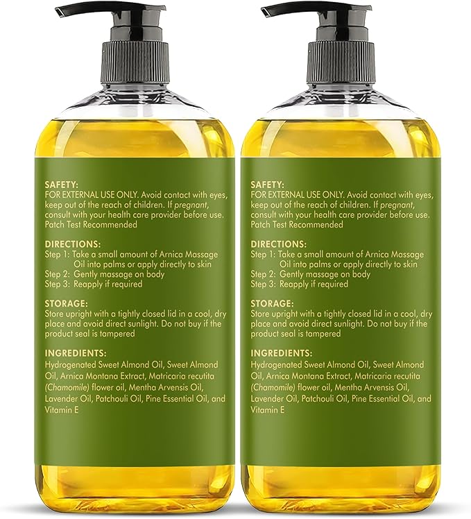MAJESTIC PURE Arnica Sore Muscle Massage Oil for Massage Therapy-Refreshing & Relaxing-Natural Oils Lavender & Chamomile Essential Oils-All Skin Types- Men & Women Massage Lotion- 8 fl oz (Pack of 2)