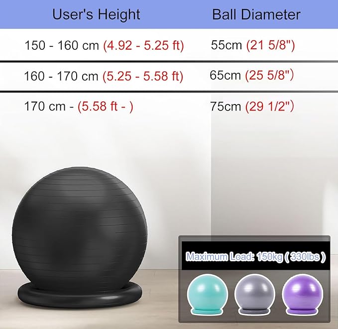Yoga Ball Chair Office Ball Chair with Base & Pump, Stability Yoga Ball Seat for Back Pain Relief, Home Gym Exercise Ball Chair for Core Strength Training ( Color : Purple , Size : Diameter 75cm ( 29