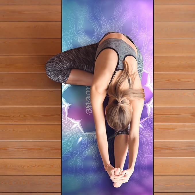 Colorful Star Yoga Towel with Corner Pockets, Non Slip Grip Dots Sweat Absorbent Hot Yoga Mat Towels, Yoga Blankets with Travel Bag, Mat Cover for Workout, Gym, Fitness - 70"x26", Purple Blue Lotus