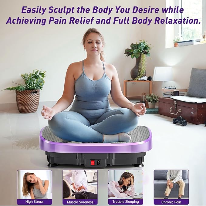 Vibration Plate Exercise Machine for Whole Body Workout, Vibrating Platform for Fast Weight Loss, Lymphatic Drainage & Pain Relief, Home Fitness Equipment with LED Touch Screen Pull Cord, Purple