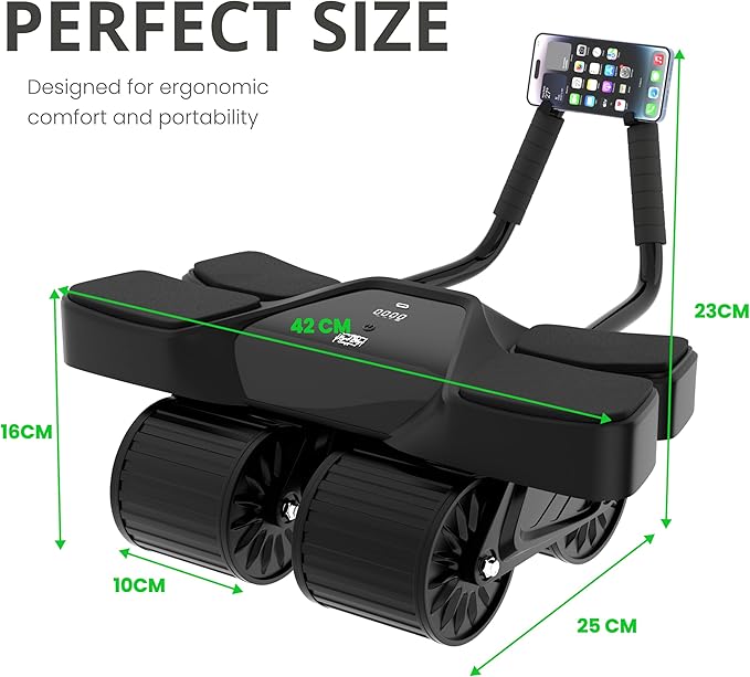 Ab Roller Home Gym Equipment – 4 Wheels Ab Wheel Muscle Roller with LCD Screen, 5Pcs Resistance Bands, Ankle Straps, Door Anchor, Handles, Travel Bag – Comfortable Elbow Support with Non-Slip Handles