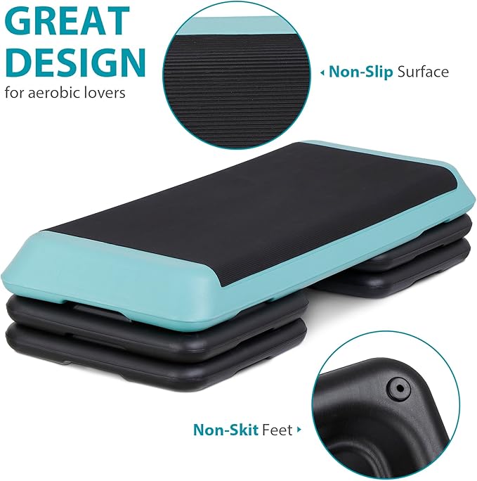 43" Exercise Aerobic Step Platform, Adjustable Fitness Stepper, with 4 Removable Risers for Home Gym Cardio Strength and Training