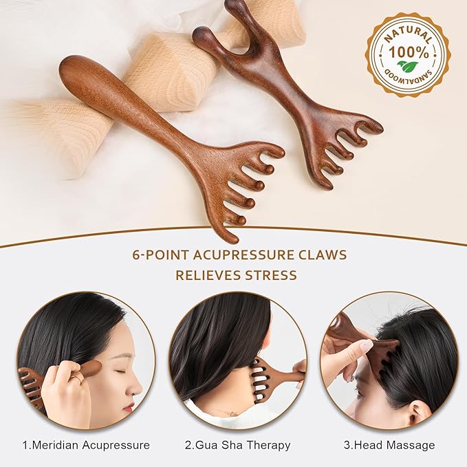 MoyRetty Wooden Head Massager, Sandalwood Scalp Scratcher with Storage Bag, Traditional Handcrafted Massage Tool (2 Pack)