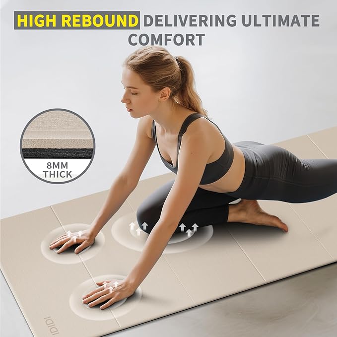 Foldable Yoga Mat Extra Thick & Large (74" x 31.5" x 0.32"), Double-Sided Non Slip & Lightweight Fitness Mat, 8mm Thick Wide Exercise Mats for Woman Man Kids, Portable Workout Mats for Travel, Studio or Home Use