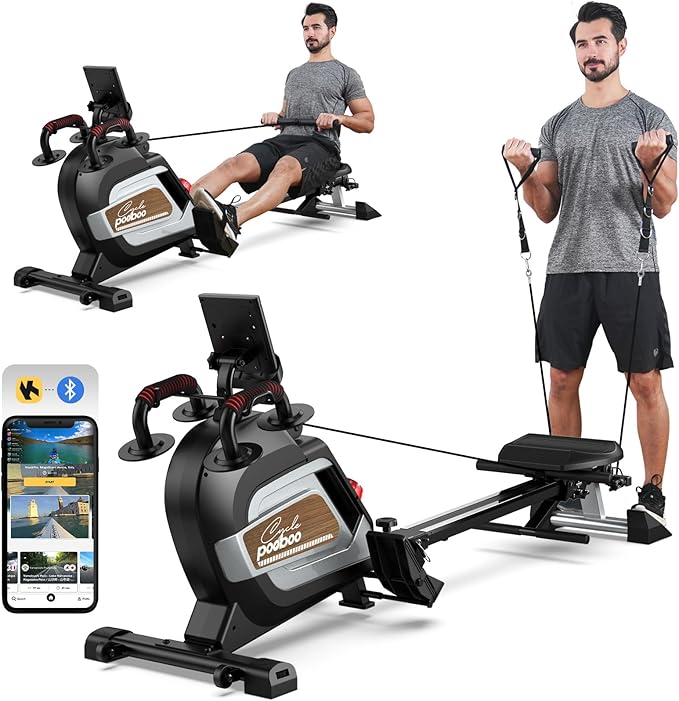 pooboo Magnetic Rowing Machine, Folding Rower with Combination Strength Exercise, Tablet Holder and Comfortable Seat Cushion, Rower for Home Use