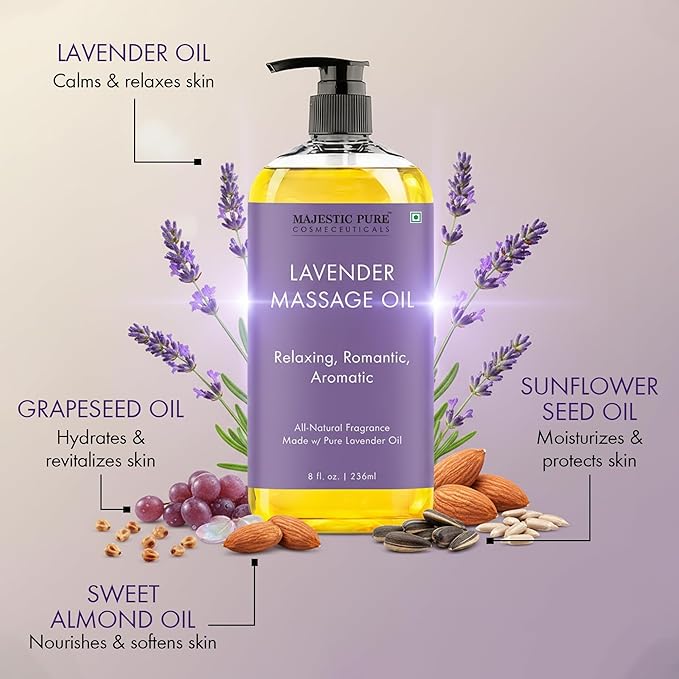 MAJESTIC PURE Lavender Massage Oil for Massage Therapy - Refreshing, and Relaxing - Natural Oils with Lavender Essential Oil - for All Skin Types - Men and Women Massage Lotion - 8 fl oz