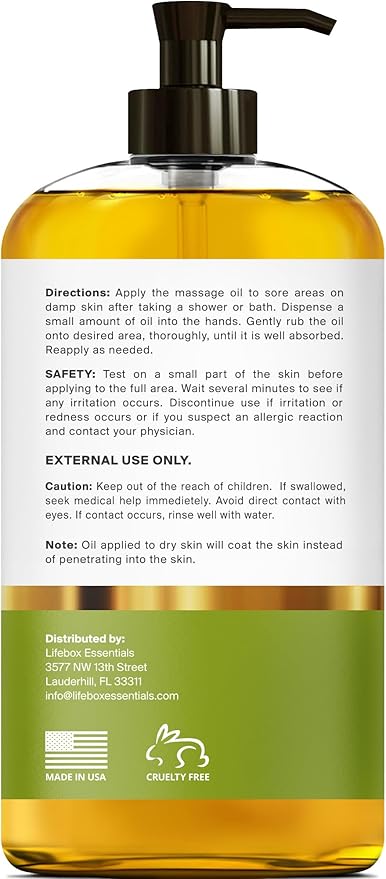 Arnica Sore Muscle Massage Oil – 100% Pure & Natural - Massage Therapy for Muscles & Joints – Body Oil Infused with Arnica Extract, Lavender, Peppermint & Chamomile Oils – 8 FL OZ