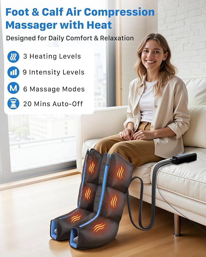 Air Compression Leg Massager with Heat : MUSUGY Sequential Foot and Calf Massager for Circulation and Pain Relief, with 9 Intensity, 6 Modes, 3 Heat - for Mom, Dad, Standing Jobs & Daily Relaxation