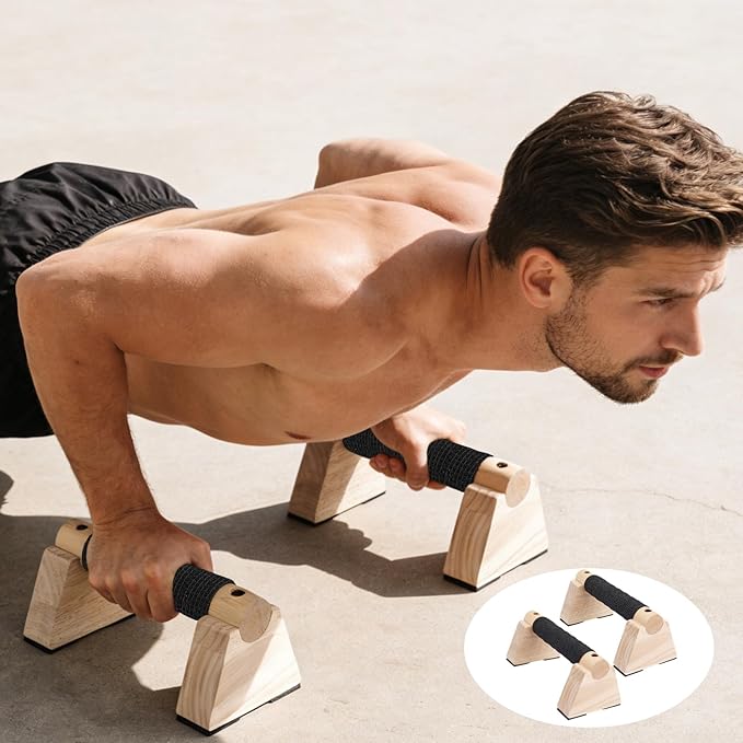 Parallettes Bars Set, 2pcs Wooden Push Up Handles Bars for Floor with Anti-Slip Base 1 Spacer & 1 Grip Tape Wood Home Gym Equipment for Handstand Training Calisthenics & Pushup Strength Workout