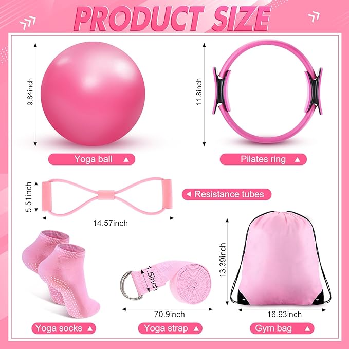 Poen 18 Pcs Home Pilates Ball and Ring Circle Set Yoga Fitness Essentials Kit with 5 Resistance Band Stretching Strap Non Slip Sock Ball Core Slider Wristband Headband Gym Bag for Women