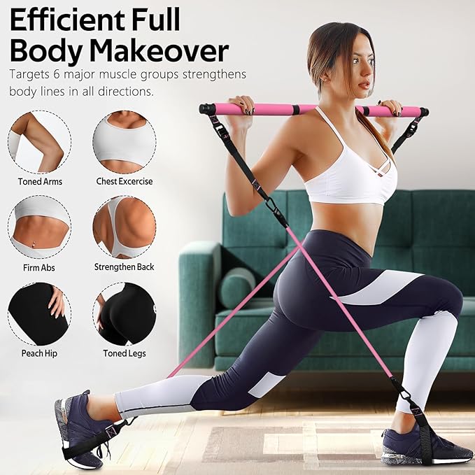 Pilates Bar Kit with Resistance Bands, Multifunctional Pilates Bar for Women & Men with Heavy-Duty Metal Adjustment Buckle, Pilates Home Equipment for Full BodyWorkouts